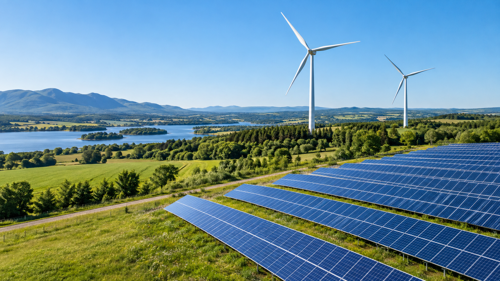 Solar and wind energy project across a managed green landscape