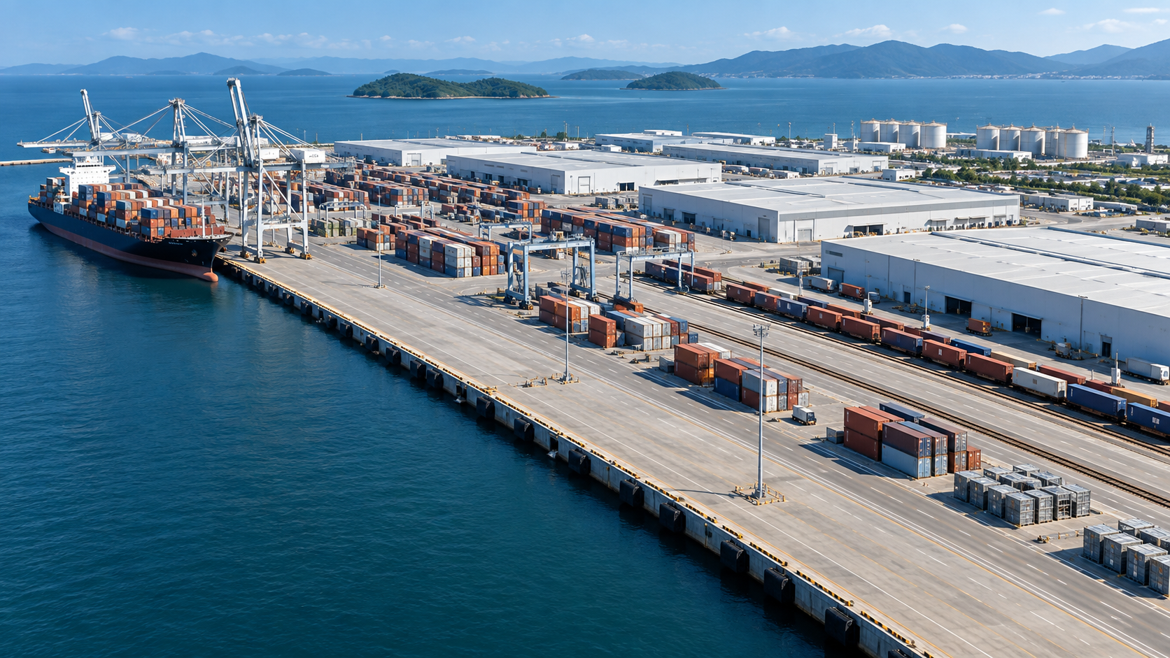 Coastal logistics terminal with containers, rail, and warehouses