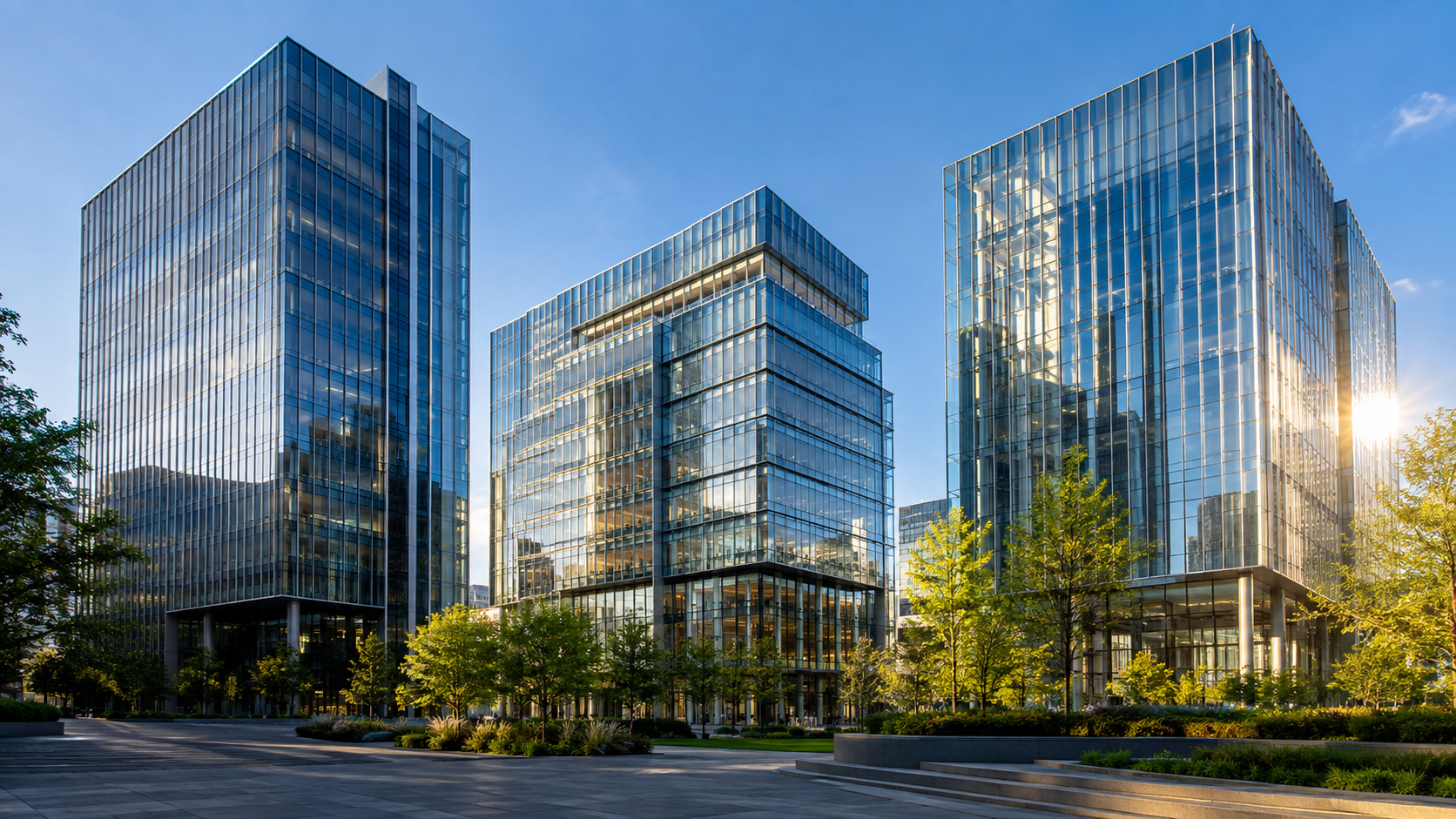 Contemporary private-market headquarters in a landscaped business district