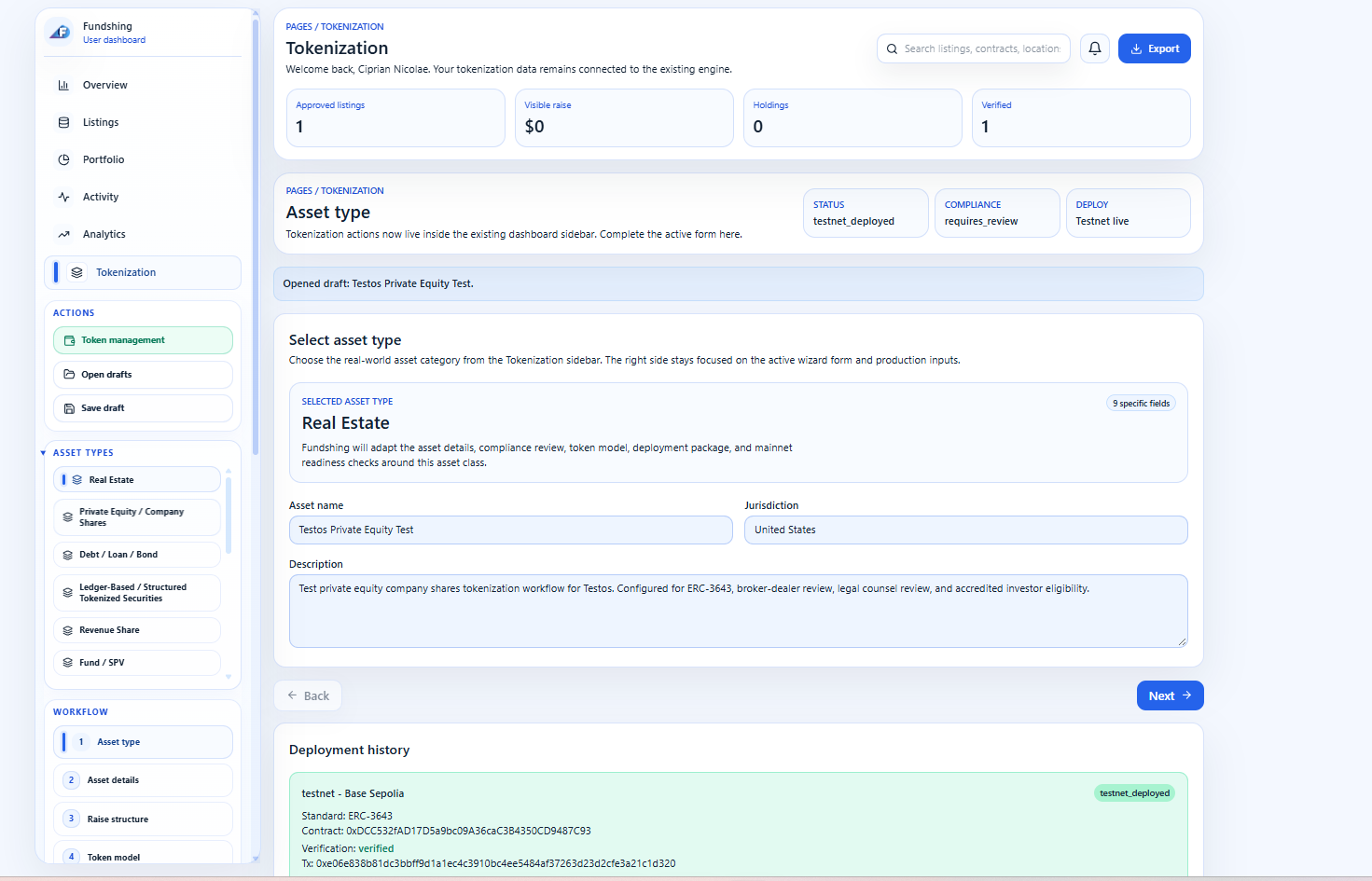 Fundshing Tokenization dashboard showing asset type configuration and deployment history