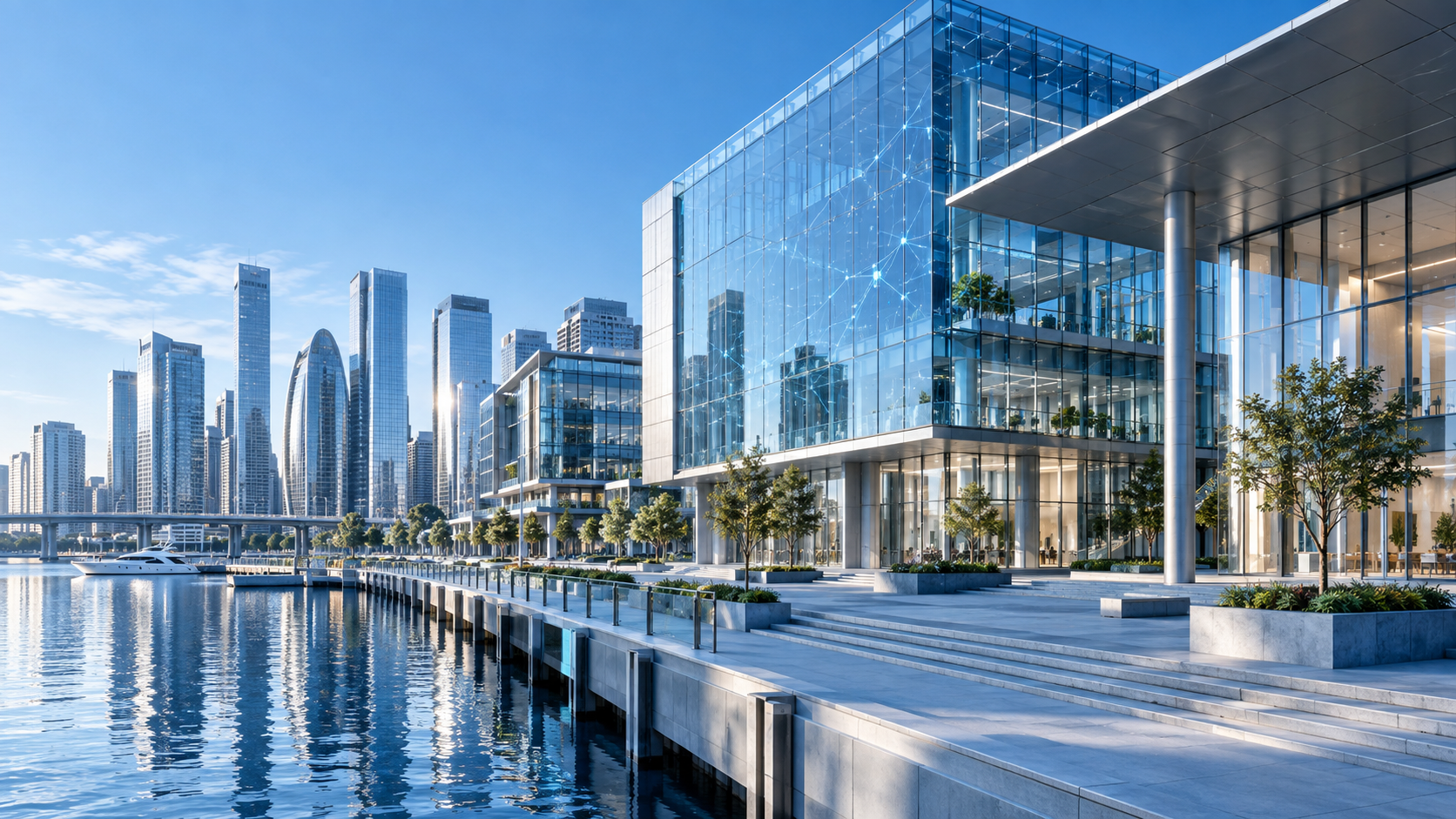Institutional waterfront platform campus with connected glass architecture