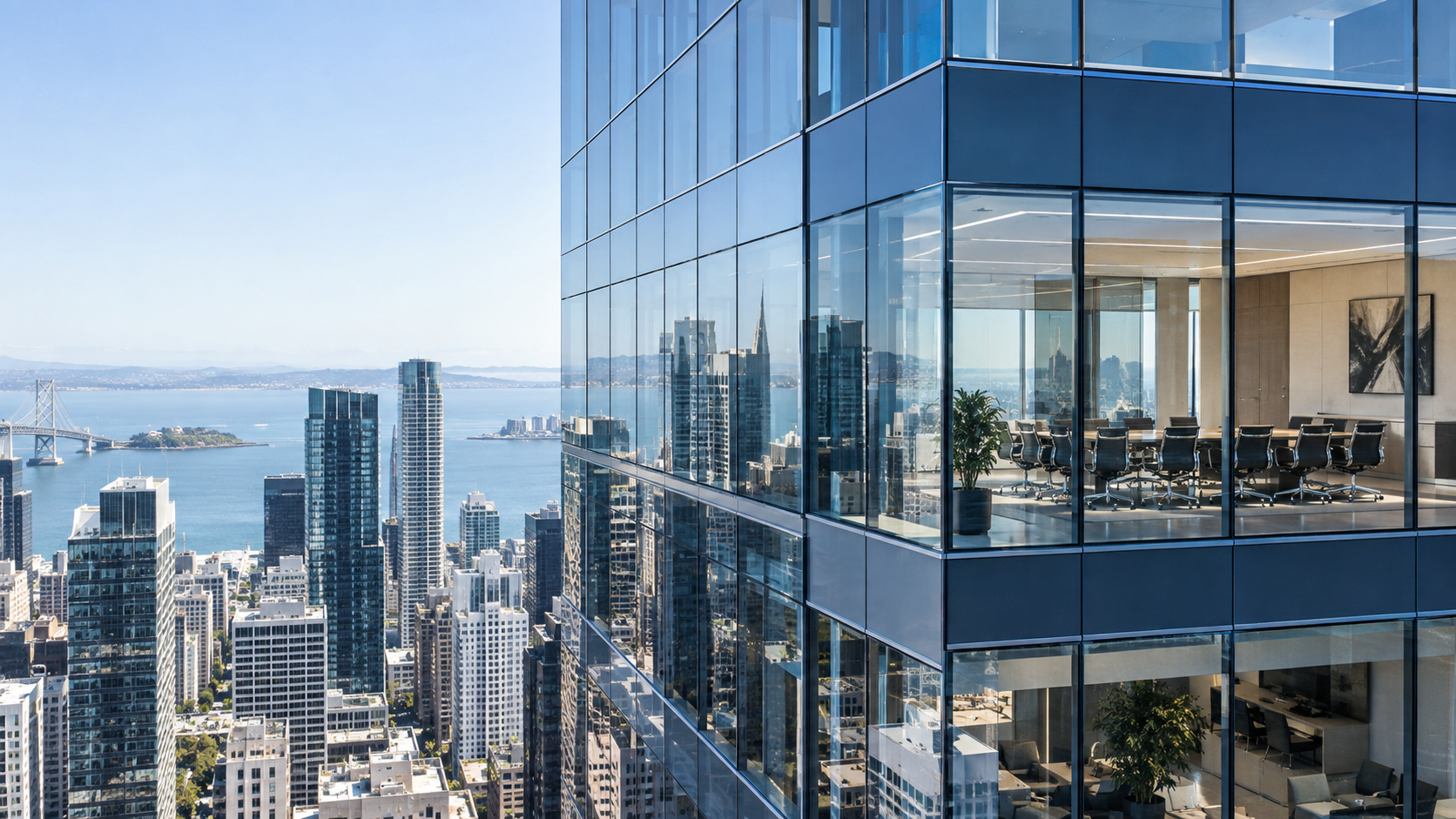 Glass office tower and institutional boardroom for a private company share offering
