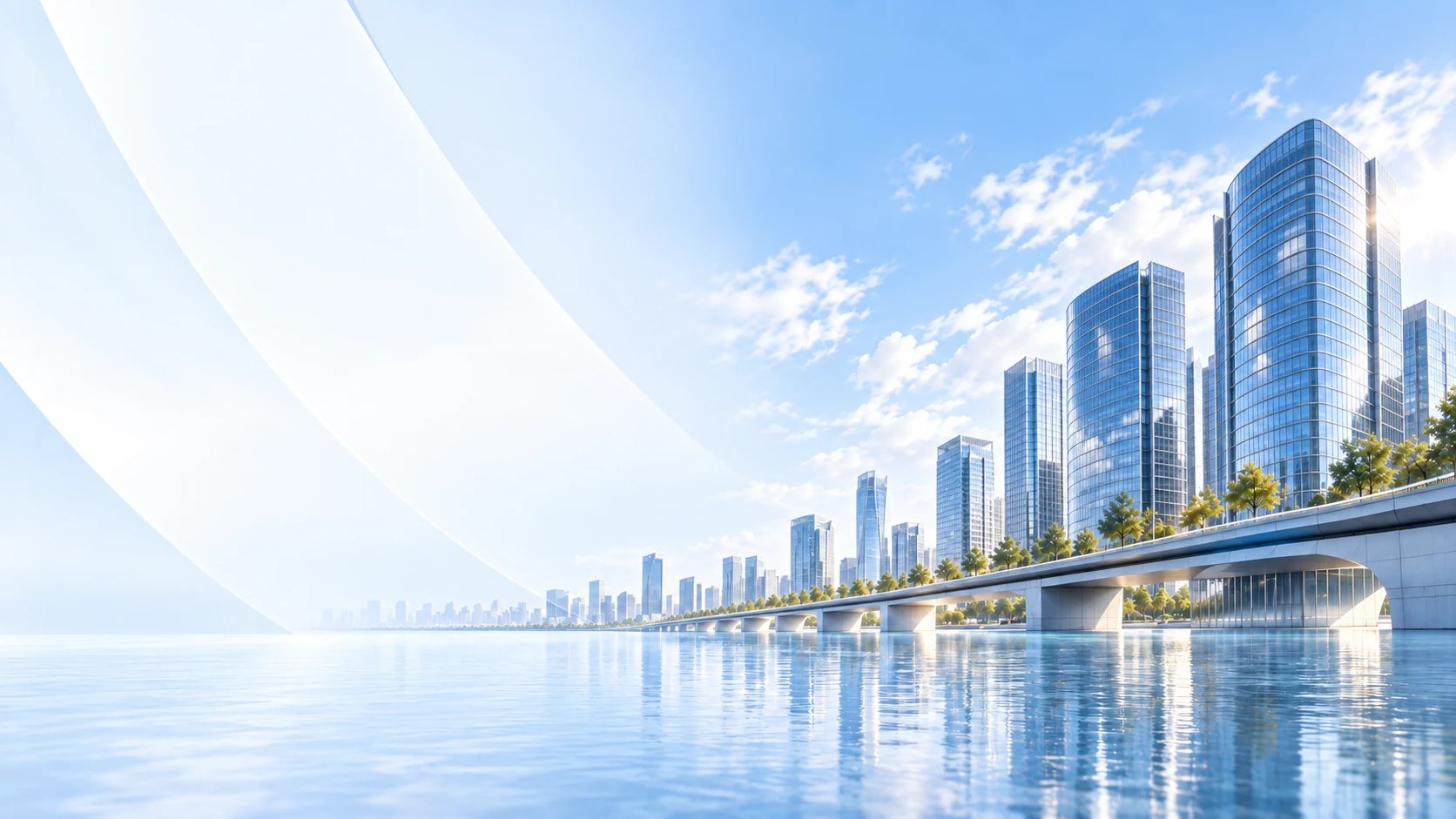 Modern waterfront city skyline and institutional real estate infrastructure